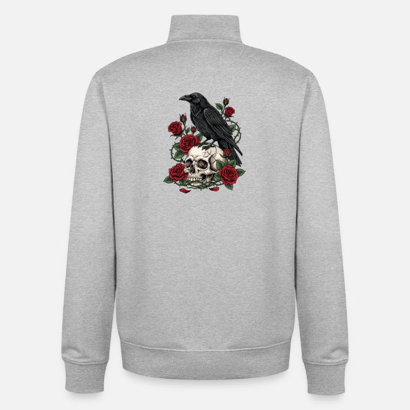Mitternachtskrähe auf Totenkopfrosen - Unisex Organic Zip Sweatshirt von Stanley/Stella - Grau meliert