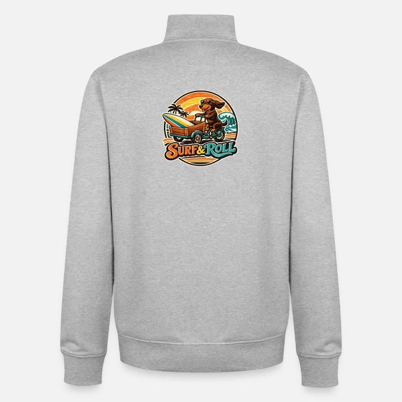 Surf & Roll Dachshund with Surfboard - Unisex Organic Zip Sweatshirt by Stanley/Stella - heather grey