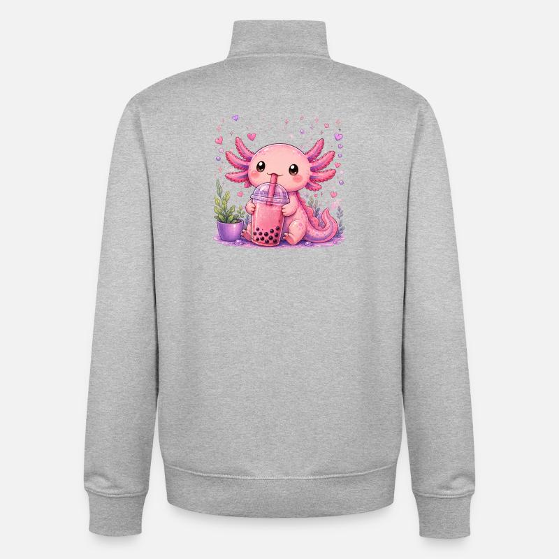 Pink Axolot with Bubble Tea - Unisex Organic Zip Sweatshirt by Stanley/Stella - heather grey