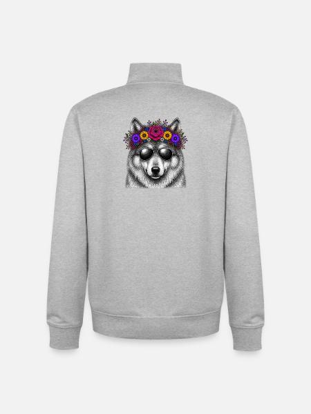 Wolf with flower wreath and sunglasses - Unisex Organic Zip Sweatshirt by Stanley/Stella - heather grey