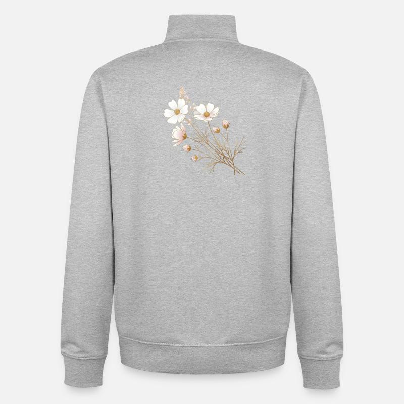 Accents dorés, fleurs blanches - Sweat zippé unisexe en coton bio Stanley/Stella - gris chiné
