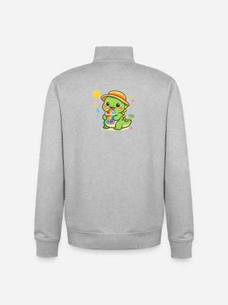 Sunny dinosaur with iced drink - Unisex Organic Zip Sweatshirt by Stanley/Stella - heather grey