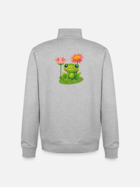 Cute frog with pink water lilies - Unisex Organic Zip Sweatshirt by Stanley/Stella - heather grey