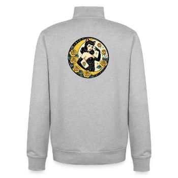 Mondbeschienenes Pinup-Katzenmädchen und Rosen - Unisex Organic Zip Sweatshirt von Stanley/Stella - Grau meliert - Hinten - AI Model Male 185 light (185cm)