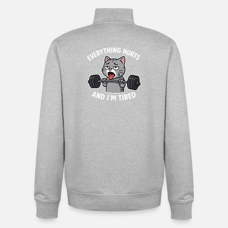 Exhausted Cat Lifting Weights Illustration - Unisex Organic Zip Sweatshirt by Stanley/Stella - heather grey