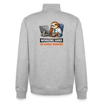 Sloth at Desk: Work Hard Meme - Unisex Organic Zip Sweatshirt by Stanley/Stella - heather grey - Back - AI Model Male 185 light (185cm)