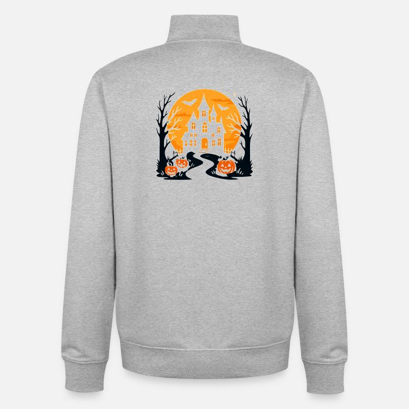 Château d'Halloween effrayant avec des citrouilles - Sweat zippé unisexe en coton bio Stanley/Stella - gris chiné