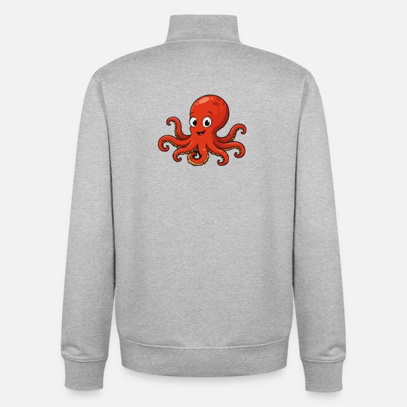 Cuddly Red Octopus Cartoon - Unisex Organic Zip Sweatshirt by Stanley/Stella - heather grey
