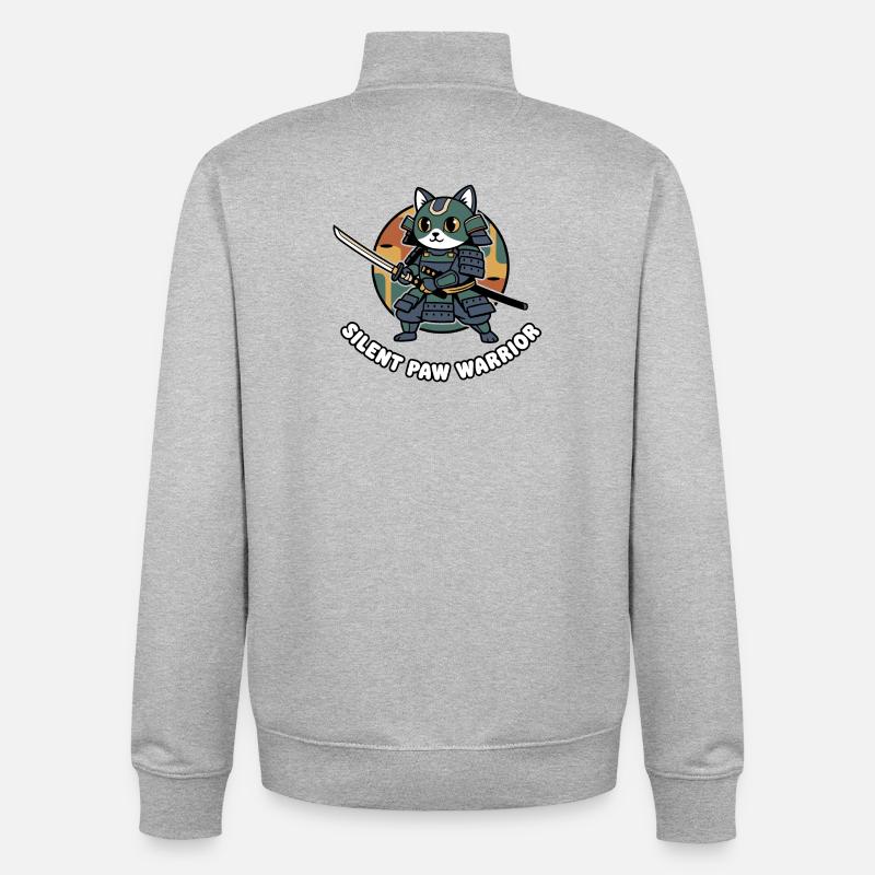 Silent Paws Samouraï Guerrier Chat - Sweat zippé unisexe en coton bio Stanley/Stella - gris chiné