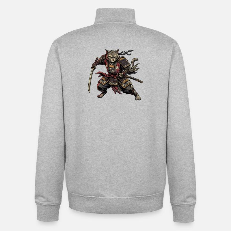 Cat Samurai Warrior - Unisex Organic Zip Sweatshirt by Stanley/Stella - heather grey