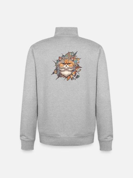 Angry kitty breaks through wall - Unisex Organic Zip Sweatshirt by Stanley/Stella - heather grey