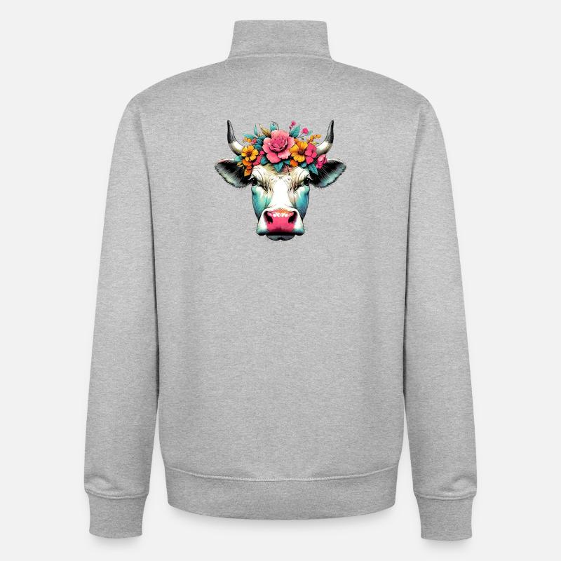 Vache avec des fleurs - Sweat zippé unisexe en coton bio Stanley/Stella - gris chiné