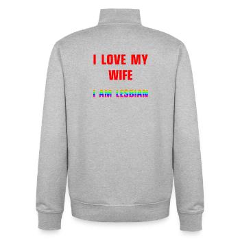 J’aime ma femme - Je suis lesbienne - Sweat zippé unisexe en coton bio Stanley/Stella - gris chiné - Dos - AI Model Male 185 light (185cm)