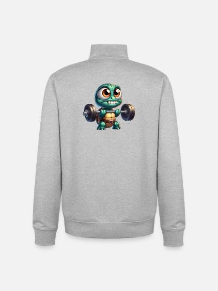 Cool Turtle Dumbbell Weightlifter Cartoon - Unisex Organic Zip Sweatshirt by Stanley/Stella - heather grey