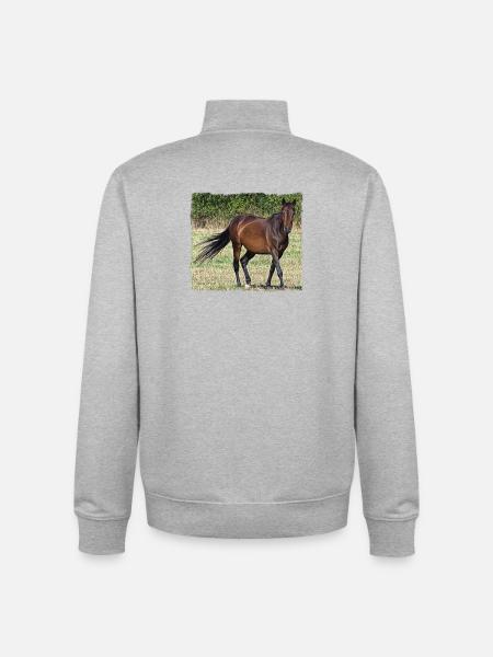 Brun hest, der går på en eng - Stanley/Stella unisex sweatshirt med lynlås i økologisk - grå meleret