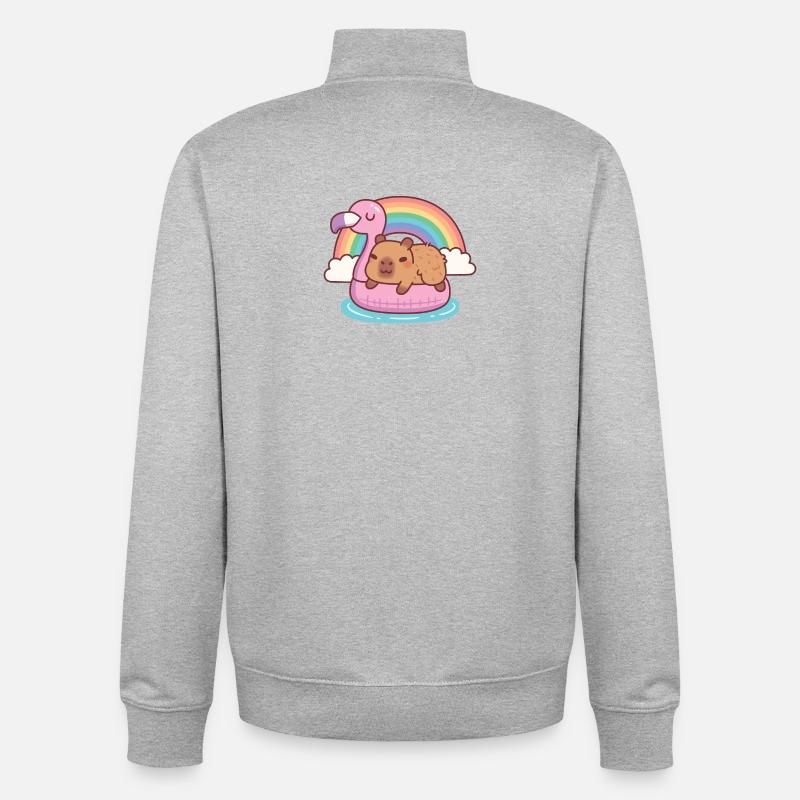 Niedliche Kapybara chillt auf Flamingo-Float-Regenbogen - Unisex Organic Zip Sweatshirt von Stanley/Stella - Grau meliert