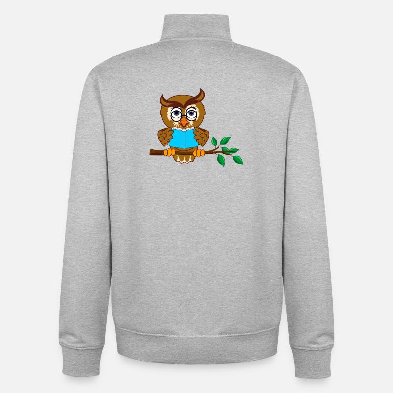 Tree Branch Owl with Blue Book - Unisex Organic Zip Sweatshirt by Stanley/Stella - heather grey