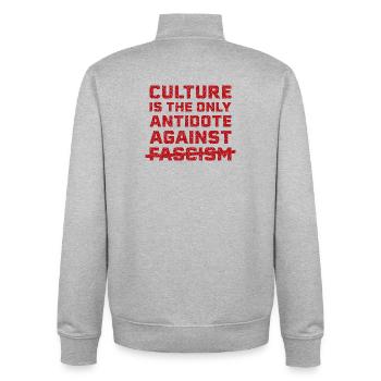 La culture contre le fascisme - Sweat zippé unisexe en coton bio Stanley/Stella - gris chiné - Dos - AI Model Male 185 light (185cm)
