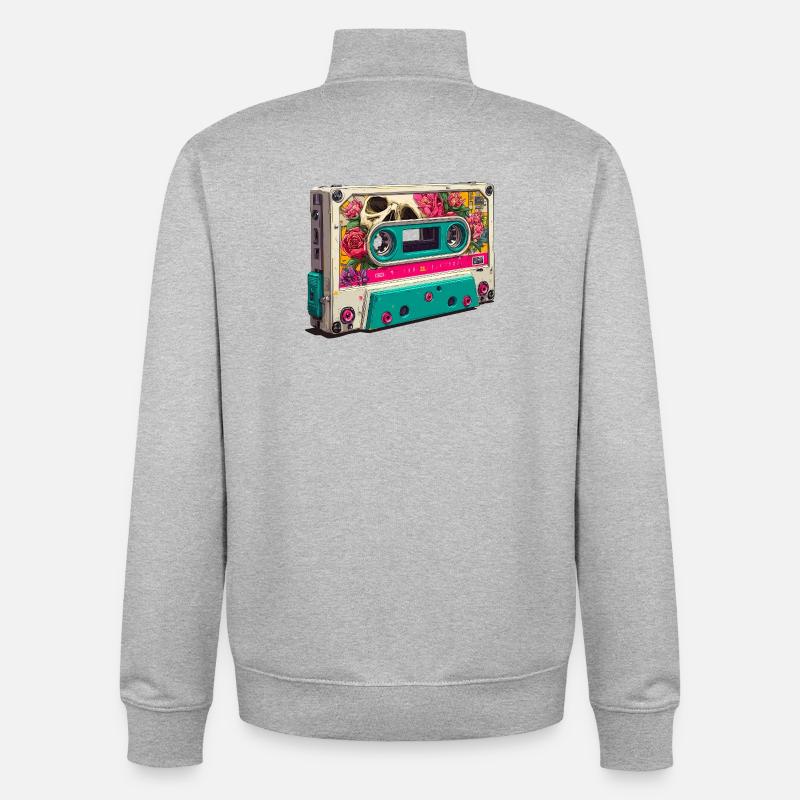 Cassette Floral Crâne Rétro Neon - Sweat zippé unisexe en coton bio Stanley/Stella - gris chiné