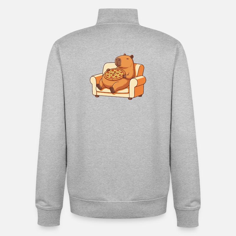 Pizza Capybara sur le canapé - Sweat zippé unisexe en coton bio Stanley/Stella - gris chiné