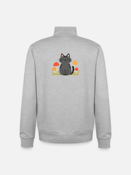 Whimsical Black Cat with Colourful Mushrooms - Unisex Organic Zip Sweatshirt by Stanley/Stella - heather grey