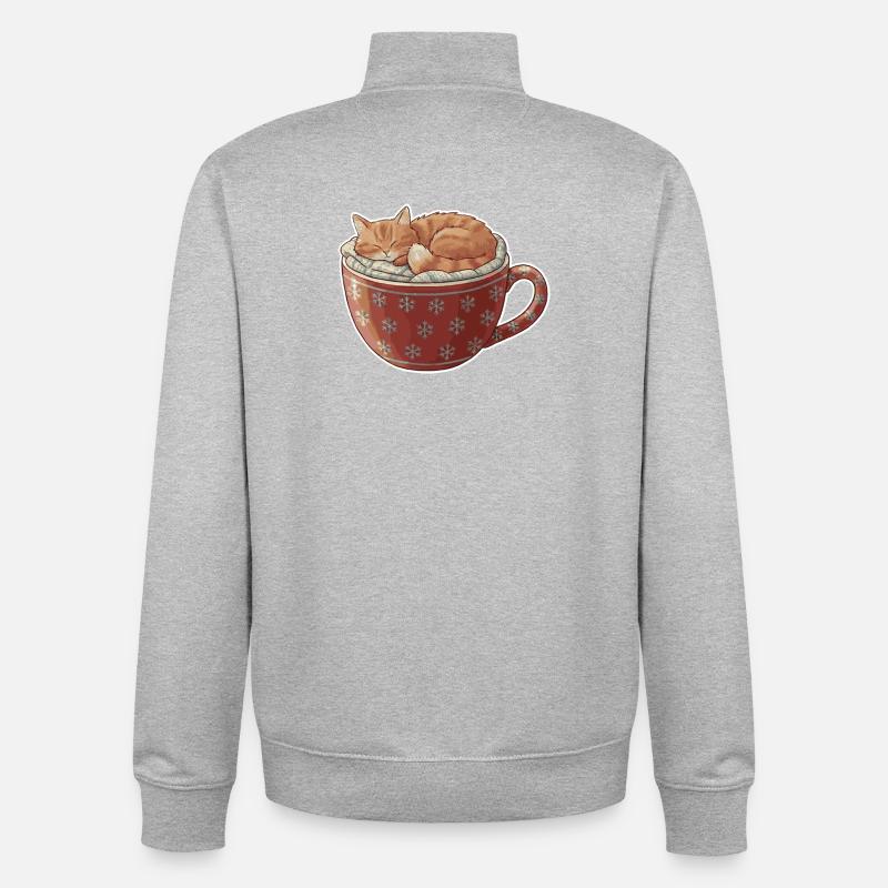 Sleeping cat in Christmas mug - Unisex Organic Zip Sweatshirt by Stanley/Stella - heather grey