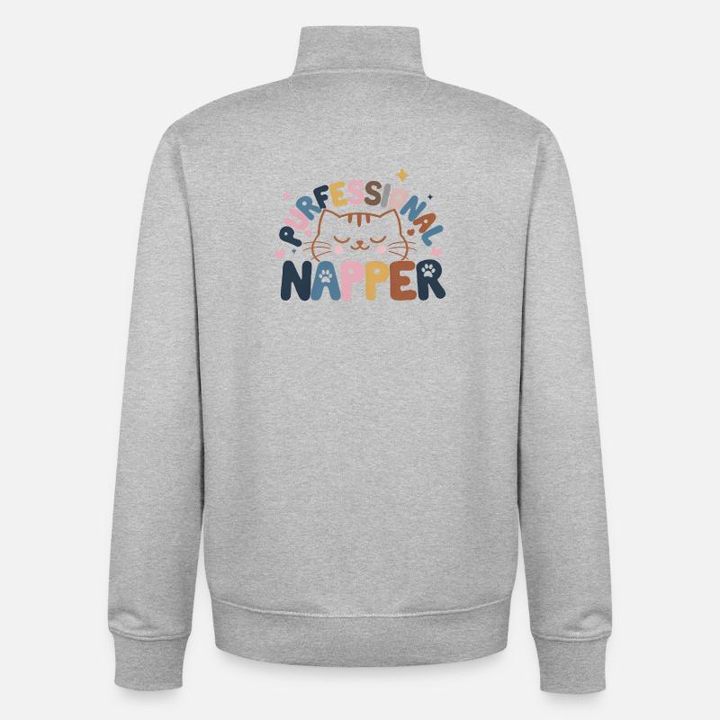 Whimsical Cat with Peaceful Expression - Unisex Organic Zip Sweatshirt by Stanley/Stella - heather grey