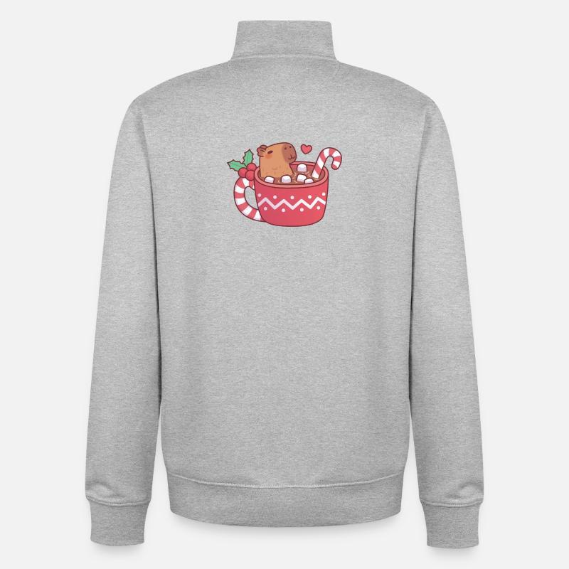 Un capybara mignon qui se détend dans un chocolat chaud avec un marshmall - Sweat zippé unisexe en coton bio Stanley/Stella - gris chiné