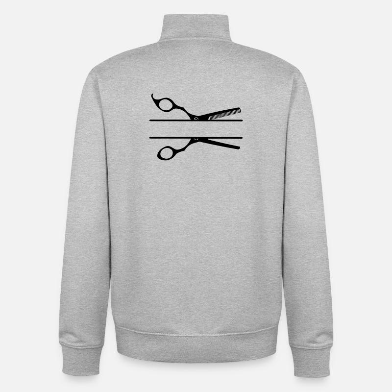 Bannière texte logo coiffeur peigne ciseaux - Sweat zippé unisexe en coton bio Stanley/Stella - gris chiné