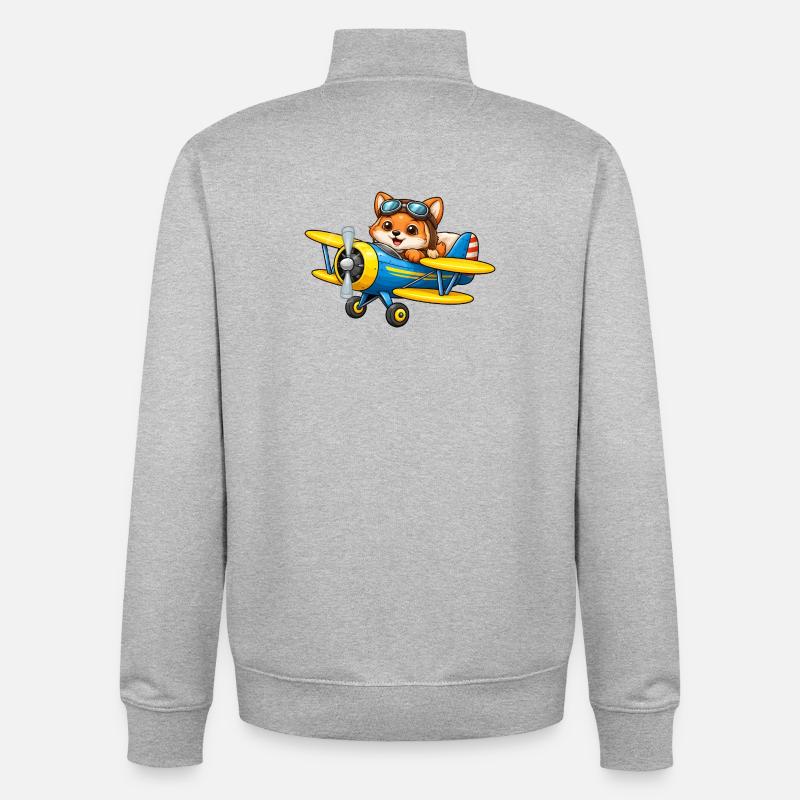 Dessin animé Fox Pilot Biplane Avion - Sweat zippé unisexe en coton bio Stanley/Stella - gris chiné