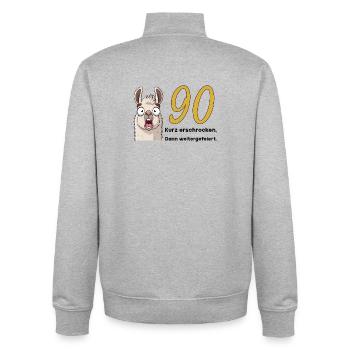 90 Geburtstag – Kurz erschrocken, dann gefeiert - Unisex Organic Zip Sweatshirt von Stanley/Stella - Grau meliert - Hinten - AI Model Male 185 light (185cm)