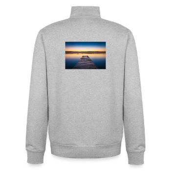 Jetty by the lake at dawn - Unisex Organic Zip Sweatshirt by Stanley/Stella - heather grey - Back - AI Model Male 185 light (185cm)
