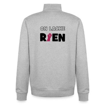 On lâche rien ! - Sweat zippé unisexe en coton bio Stanley/Stella - gris chiné - Dos - AI Model Male 185 light (185cm)