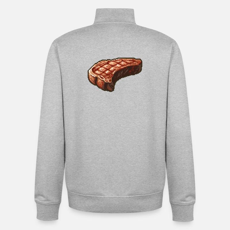 Pixel Steak Retro Grill Art - Sweat zippé unisexe en coton bio Stanley/Stella - gris chiné