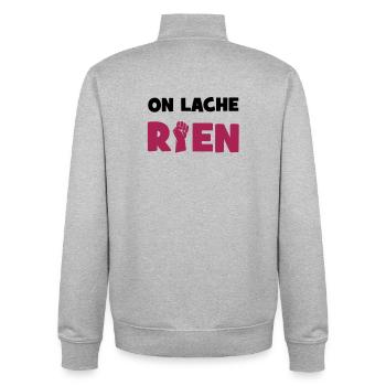 On lâche rien ! - Sweat zippé unisexe en coton bio Stanley/Stella - gris chiné - Dos - AI Model Male 185 light (185cm)