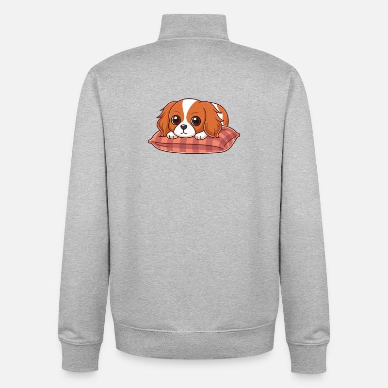Chiot adorable sur coussin plaid - Sweat zippé unisexe en coton bio Stanley/Stella - gris chiné