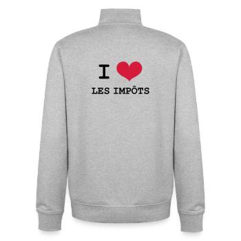 I Love les impôts - Sweat zippé unisexe en coton bio Stanley/Stella - gris chiné - Dos - AI Model Male 185 light (185cm)