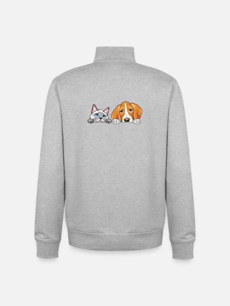 Peeking_Siamese_cat_and_Foxhound_dog - Unisex Organic Zip Sweatshirt by Stanley/Stella - heather grey