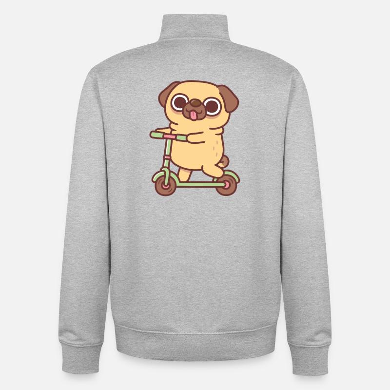 Süßer Mops spielt auf Tretroller - Unisex Organic Zip Sweatshirt von Stanley/Stella - Grau meliert