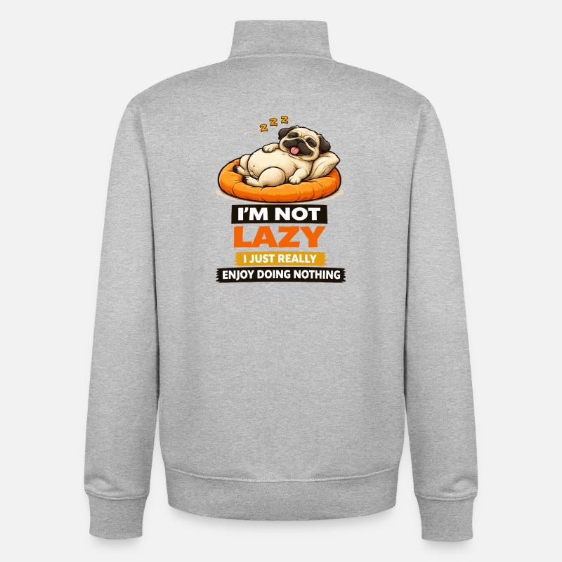 Ikke doven, bare nyder ingenting, Pug - Stanley/Stella unisex sweatshirt med lynlås i økologisk - grå meleret