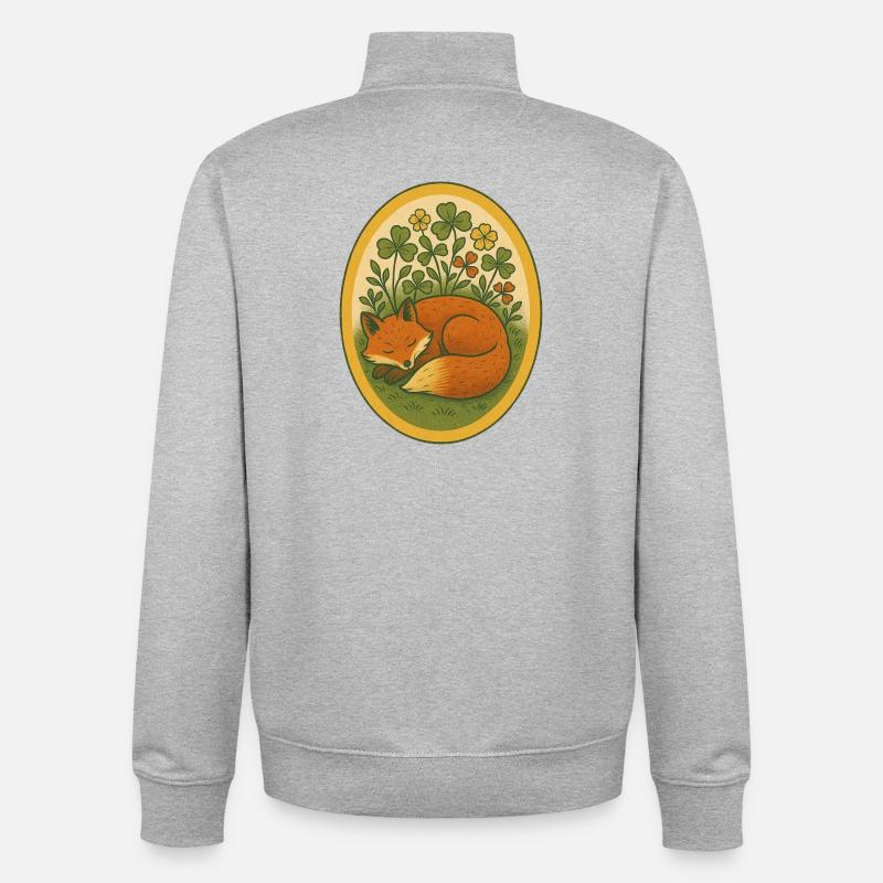 Sleeping Fox Amidst Four Leaf Clovers - Unisex Organic Zip Sweatshirt by Stanley/Stella - heather grey
