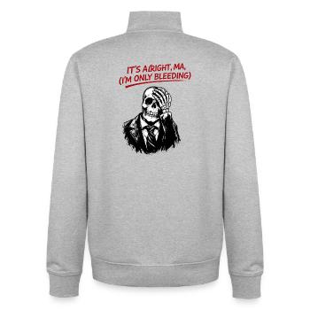Squelette en costume avec texte rouge - Sweat zippé unisexe en coton bio Stanley/Stella - gris chiné - Dos - AI Model Male 185 light (185cm)