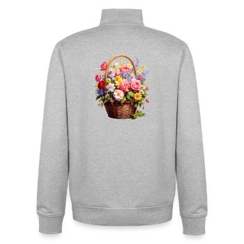 Panier en osier avec des fleurs printanières - Sweat zippé unisexe en coton bio Stanley/Stella - gris chiné - Dos - AI Model Male 185 light (185cm)