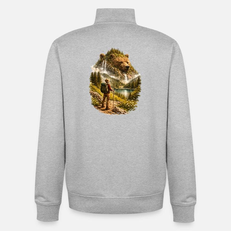 Wanderer trifft Naturgeist –Bär aus Waldlandschaft - Sweat zippé unisexe en coton bio Stanley/Stella - gris chiné