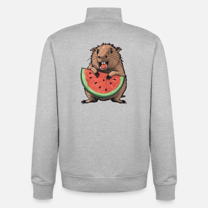 Capybara mangeant de la pastèque - Sweat zippé unisexe en coton bio Stanley/Stella - gris chiné