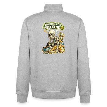 Warte auf das Wochenende Lustiges Skelett-Shirt - Unisex Organic Zip Sweatshirt von Stanley/Stella - Grau meliert - Hinten - AI Model Male 185 light (185cm)