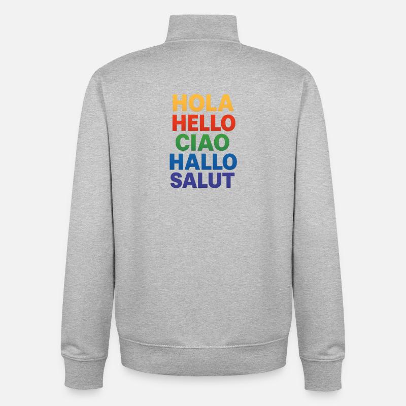 HOLA HELLO CIAO HALLO SALUT - Sweat zippé unisexe en coton bio Stanley/Stella - gris chiné