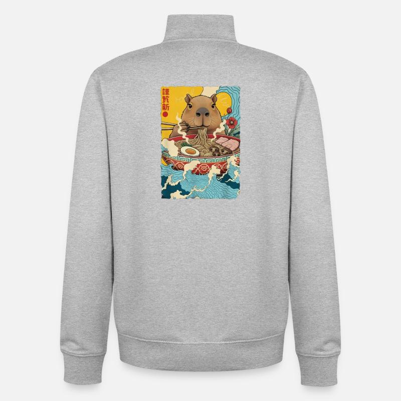 Capybara mange des nouilles ramen - Sweat zippé unisexe en coton bio Stanley/Stella - gris chiné