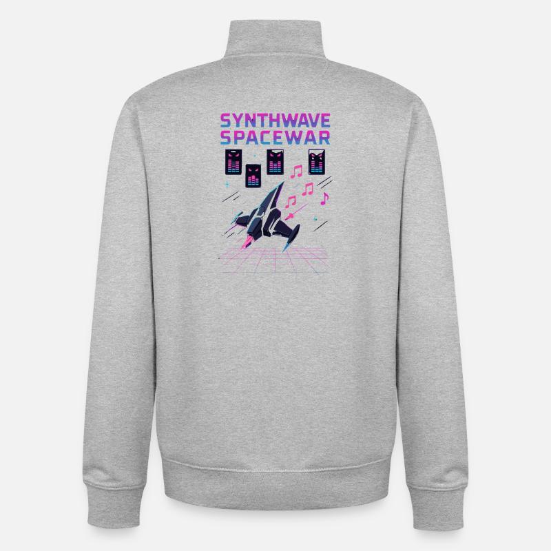 SYNTHWAVE SPACEWAR Retro Neon 80s Spaceship - Unisex Organic Zip Sweatshirt by Stanley/Stella - heather grey