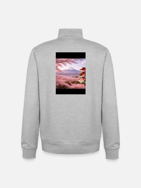 Sakura at Fuji and Pagoda - Unisex Organic Zip Sweatshirt by Stanley/Stella - heather grey